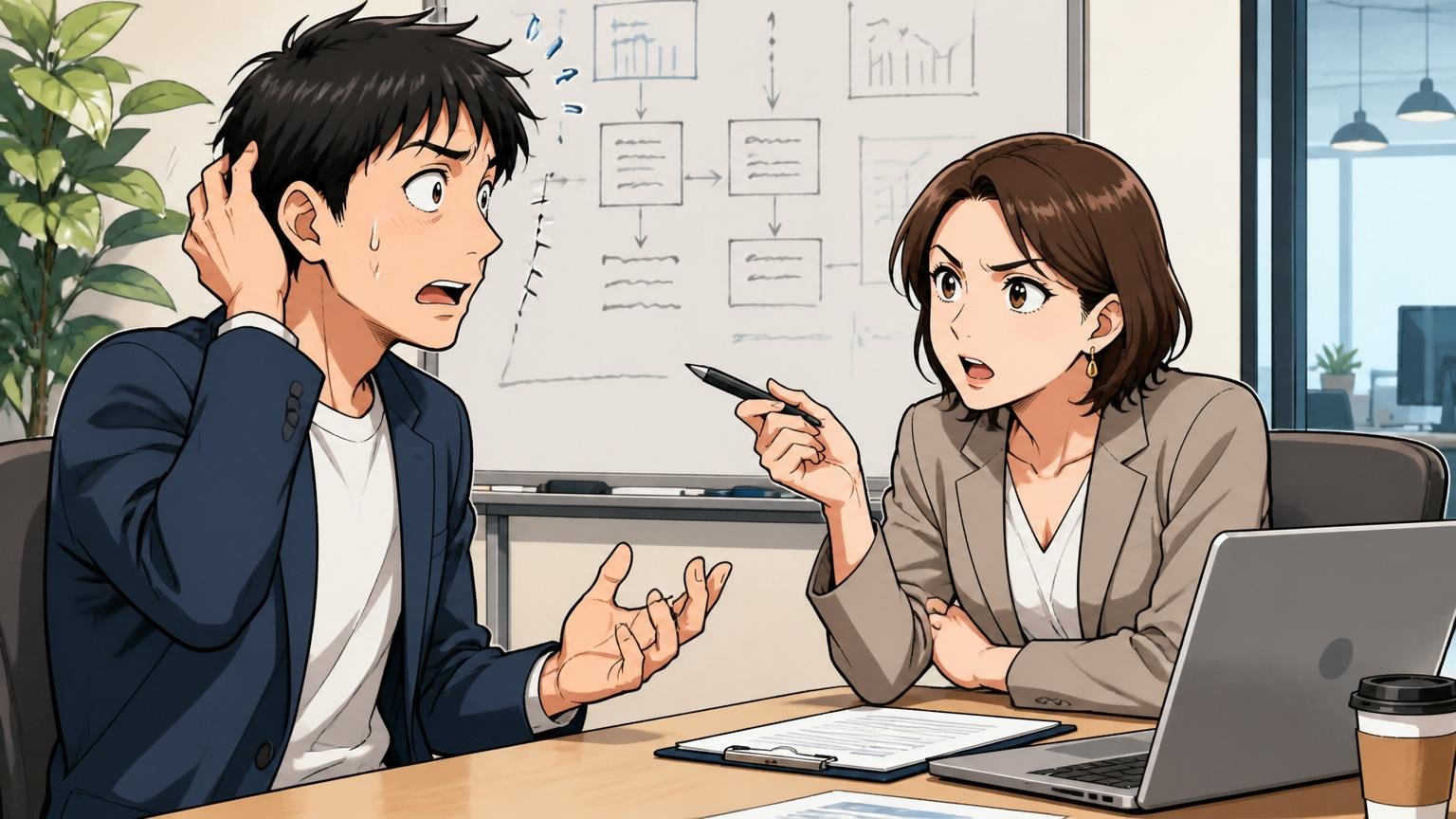 技術面接で深掘り質問されるエンジニア。Web系スタートアップの会議室で面接、30代男性が30代女性の面接官に対面で受け答え