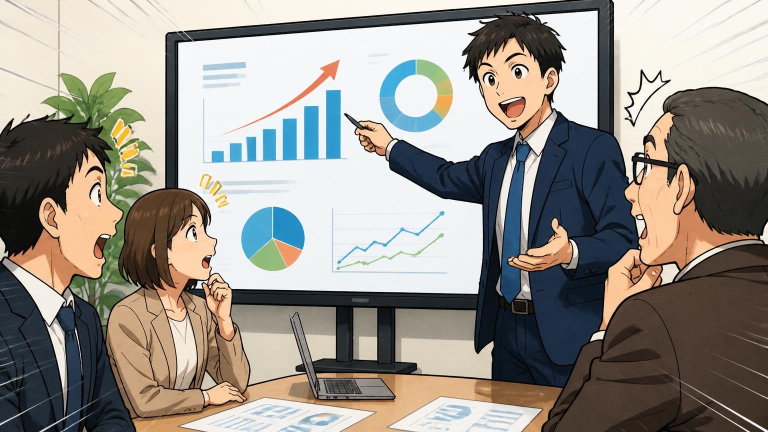 企業の会議室でDX系SIer経験者の市場価値を分析するキャリアアドバイザーが資料を見せながら説明する様子