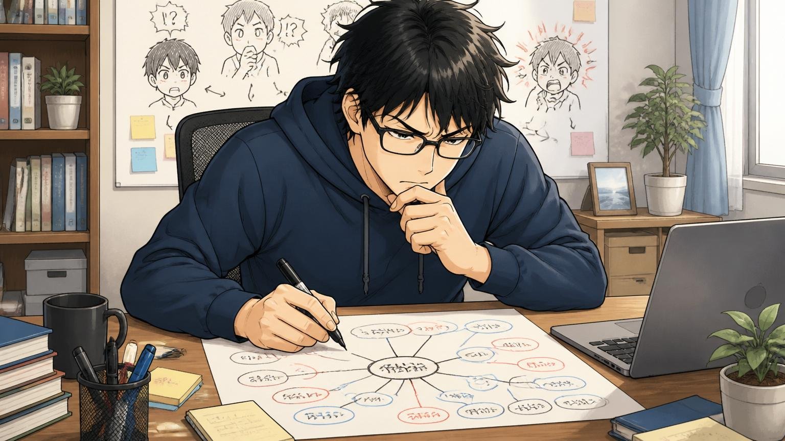 不満の正体を分解できているか｜自宅のデスクで紙にマインドマップを描く20代後半男性エンジニア1人