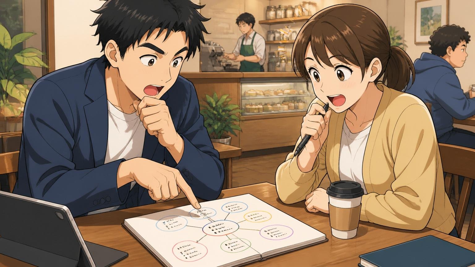 複数の選択肢を比較検討する社員/カフェのテーブル/30代男女2人/ノートに選択肢を書き出して話し合う