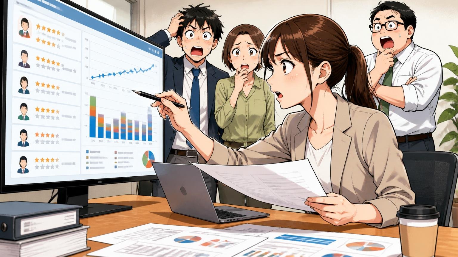 口コミの投稿時期と職種属性をチェックするシーン。企業の会議室で30代女性が時系列の口コミ一覧を分析する