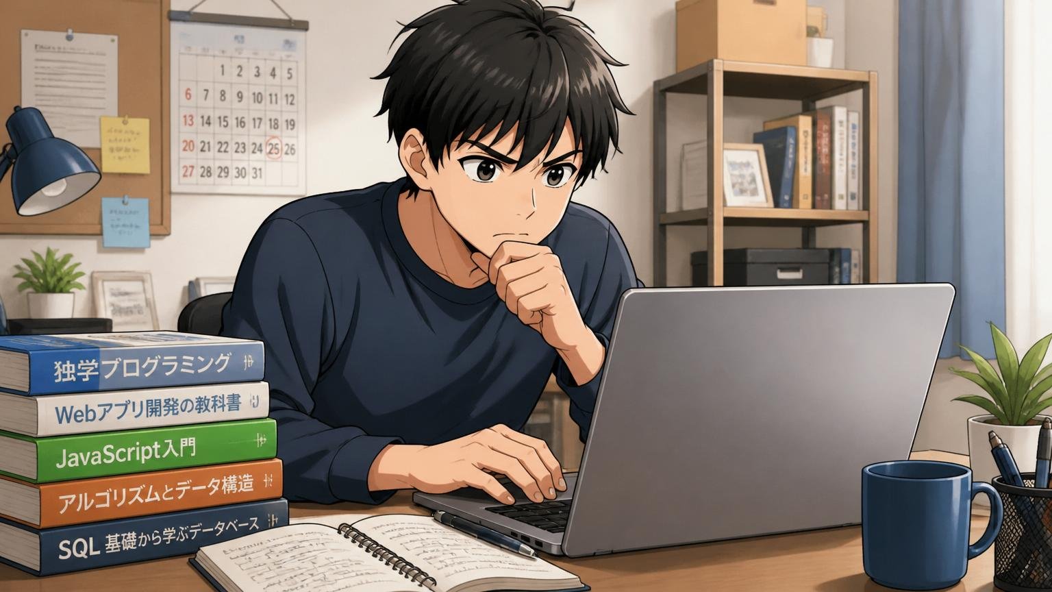 Q：未経験エンジニアでも入れますか？。自宅のデスクで20代男性が独学プログラミングをノートPCで進めるシリアスな表情