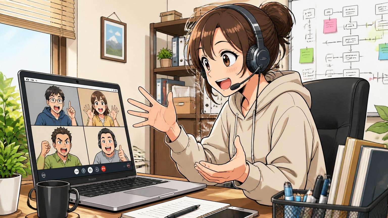 自宅のデスクでヘッドセットを装着しオンライン会議に参加する30代女性在宅勤務エンジニア1人