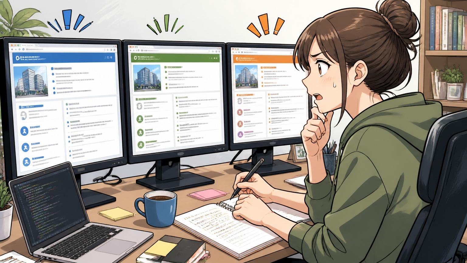 自宅のデスクで在宅勤務中に3社のIT特化型エージェントから届いた求人をモニター3画面で並べて比較する30代女性エンジニア