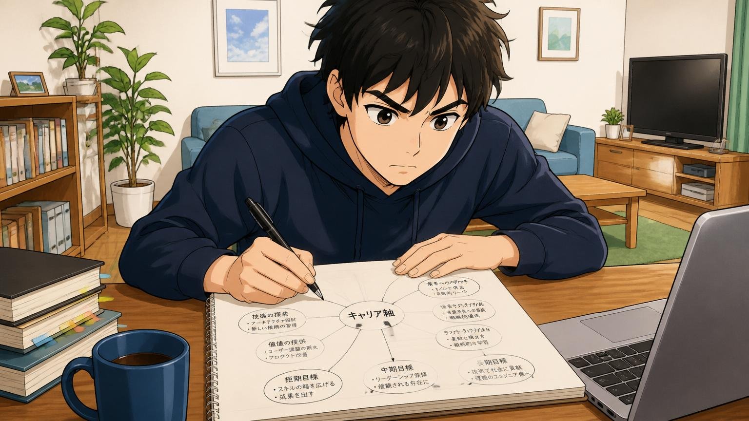 自宅のリビングで紙のノートに自分のキャリア軸を書き出して整理する集中した表情のエンジニア
