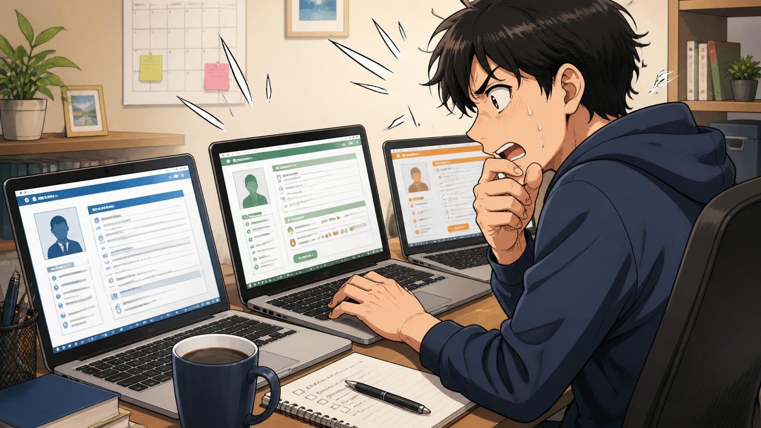 自宅のデスクで複数のIT転職エージェントのサイトを開きながら登録作業をしている30代エンジニア