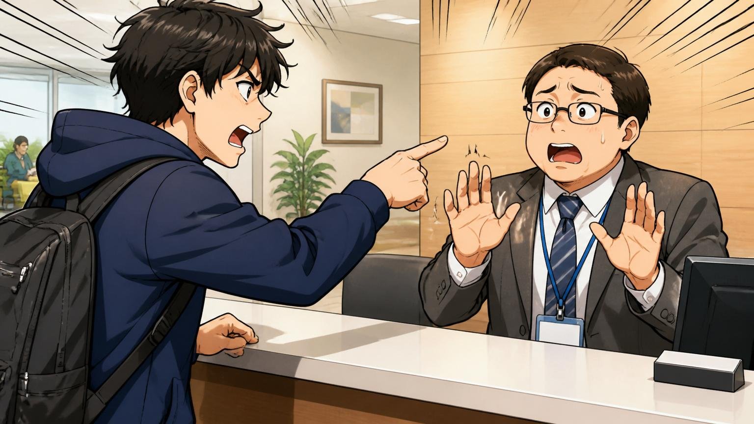 担当者と合わなければ即変更を依頼。エージェント会社の受付で担当者変更の申請をするエンジニアの場面