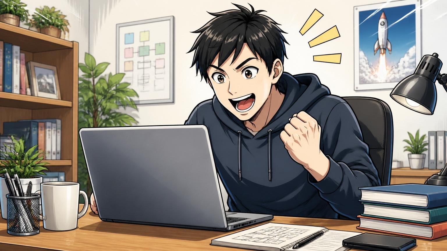 自宅のデスクでノートパソコンに向かい新しい一歩を踏み出そうとする30代男性エンジニア