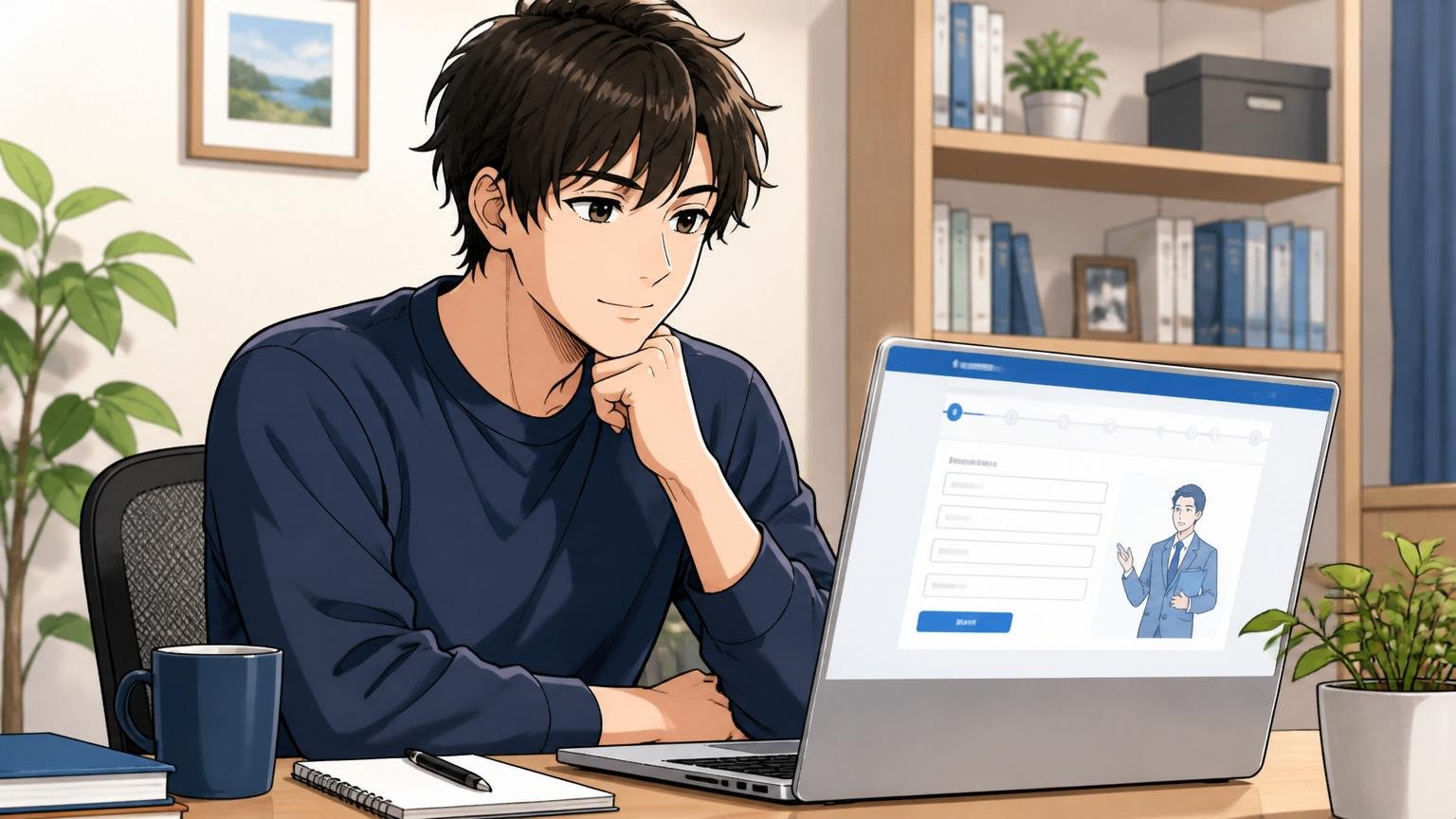自宅のデスクで落ち着いた表情でノートPCの転職エージェントの登録画面を眺める20代後半男性1人