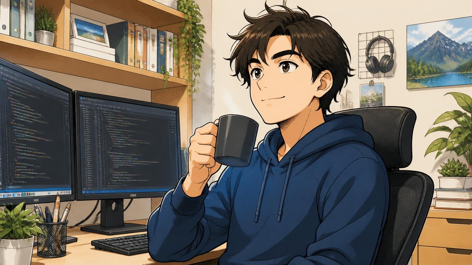 あなたの違和感は気のせいじゃないと共感する自宅のデスクで穏やかな表情でコーヒーを飲むエンジニア1人決意した様子