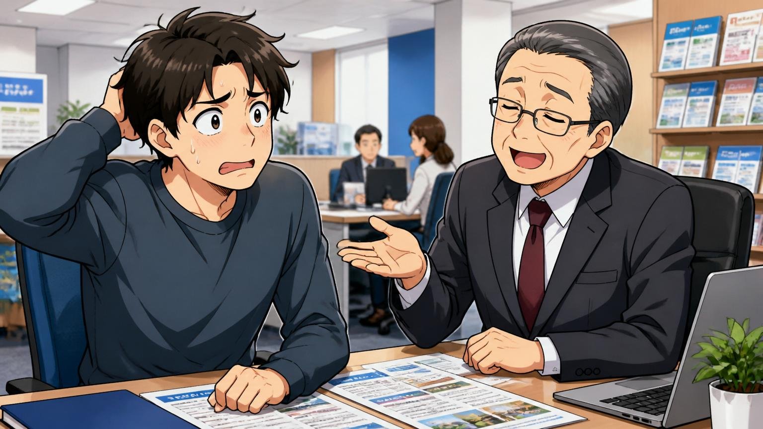 失敗2 総合型エージェント1社だけに頼る 大手総合型エージェントのオフィスで戸惑った表情の30代男性エンジニアと年配の総合型アドバイザー