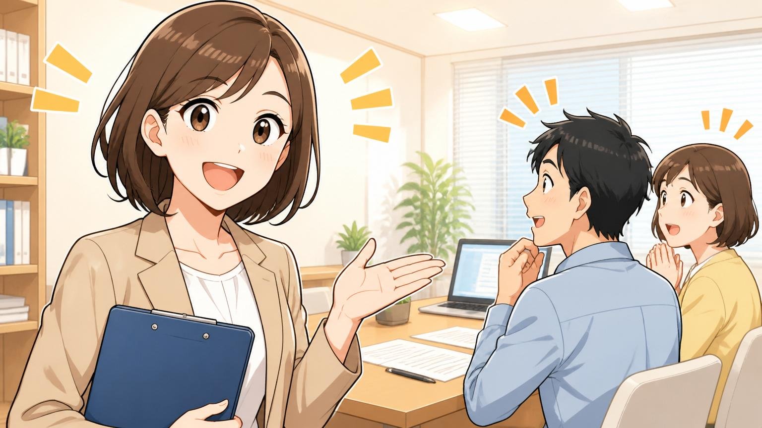 無料相談の流れ、明るいオフィスで30代女性、にこやかに案内する
