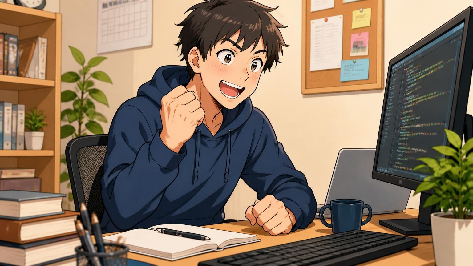 今日できるリスクゼロの最初の一歩。自宅デスクで一歩踏み出す決意をする男性エンジニア