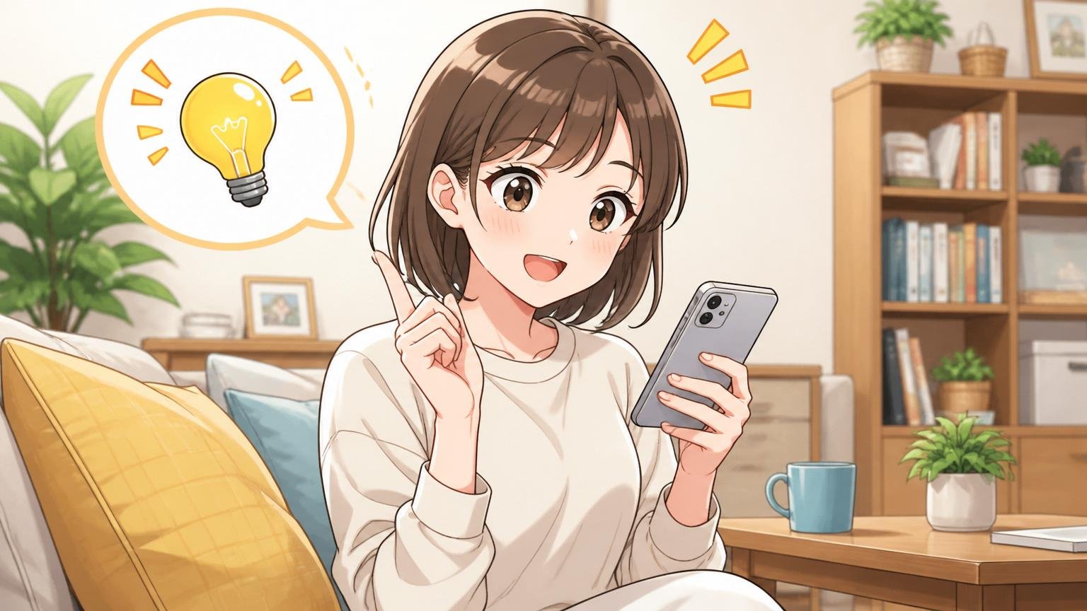 よくある質問FAQ 自宅のリビングで 20代女性が1人 スマホで疑問を調べながら納得した表情を浮かべる