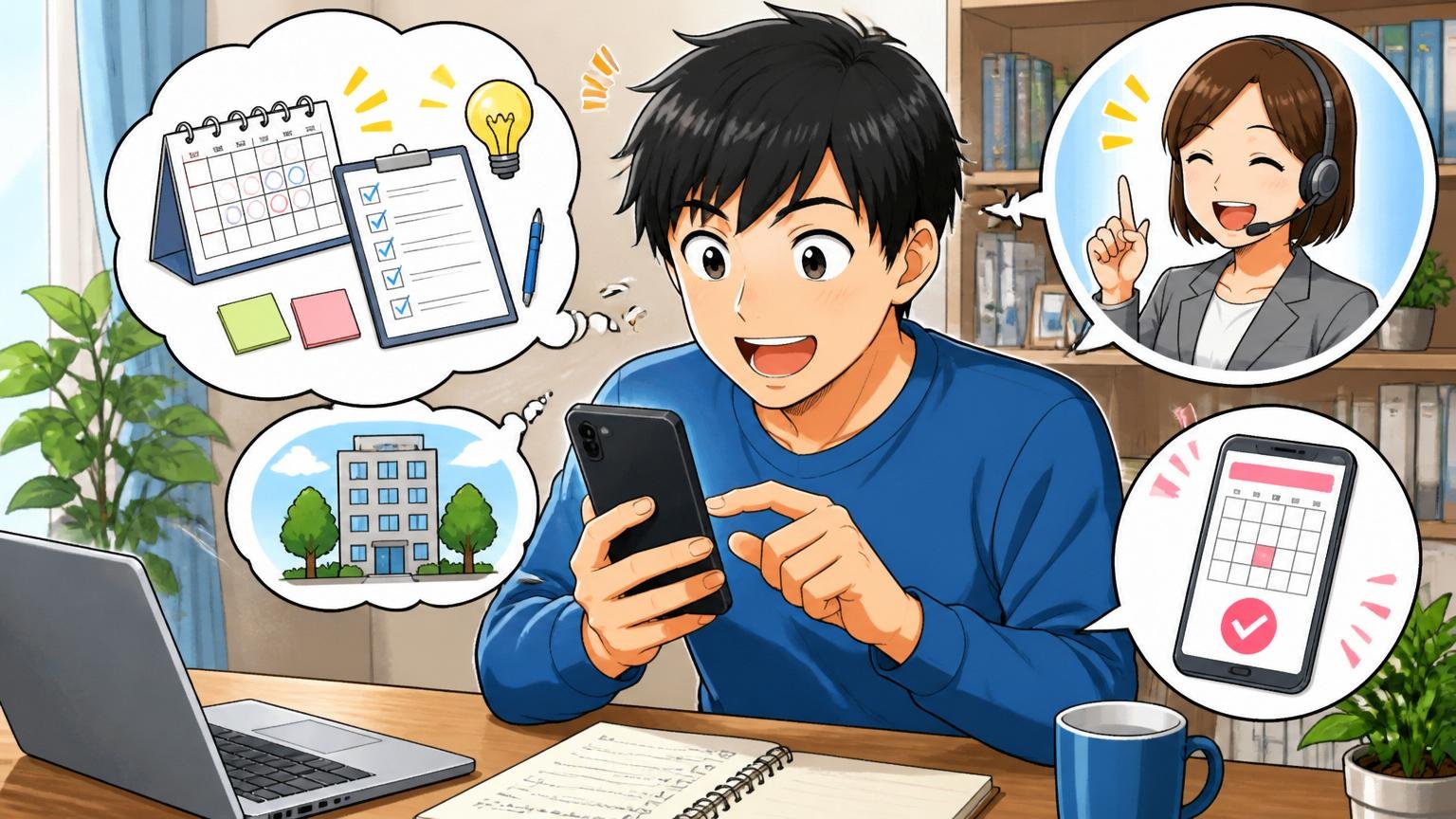 2週間以内にやること選択肢の整理と相談予約。自宅のデスクで30代男性1人。スマホでエージェントに予約