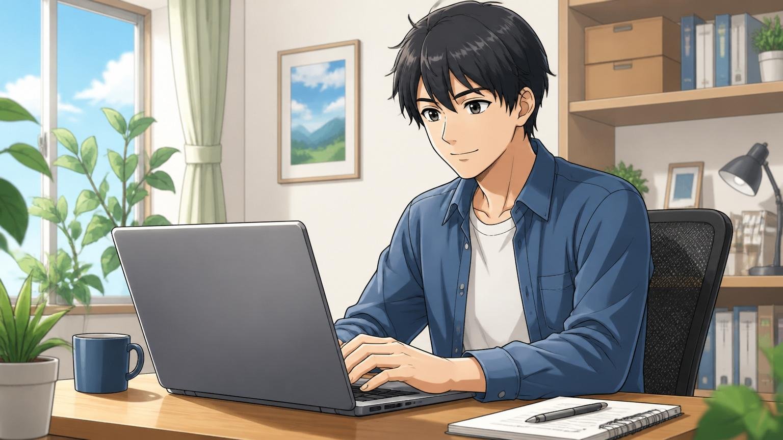 後悔しない判断。在宅勤務の自宅デスクで穏やかな表情でノートPCを操作する男性エンジニア1人