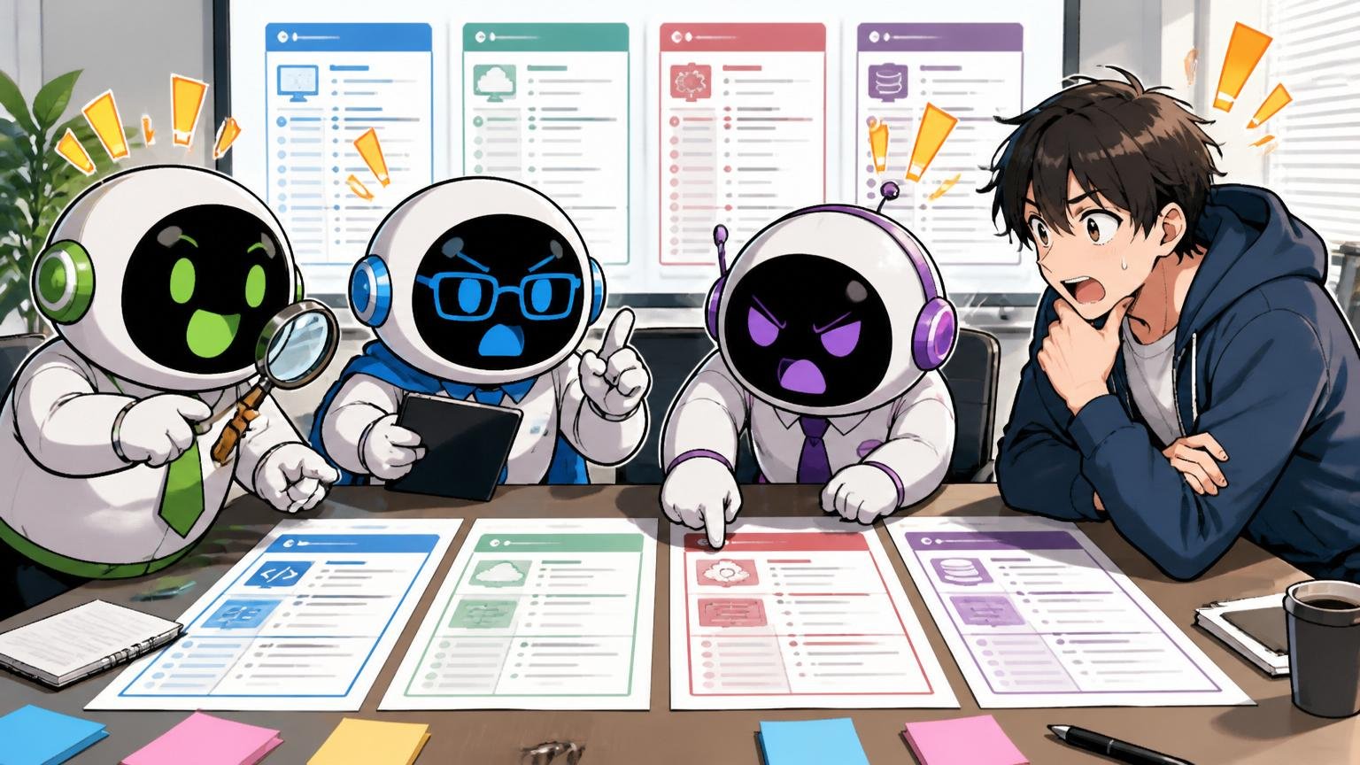 企業の会議室で3人のIT特化型エージェントとエンジニア1人が並んで求人を比較する場面