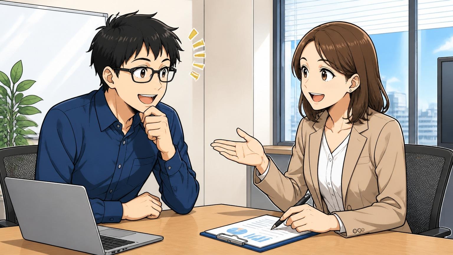 まずは無料相談から:あなたに合うIT特化型エージェント。企業の会議室で30代男性エンジニアと30代女性キャリアアドバイザーの2人が、和やかに無料相談している表情