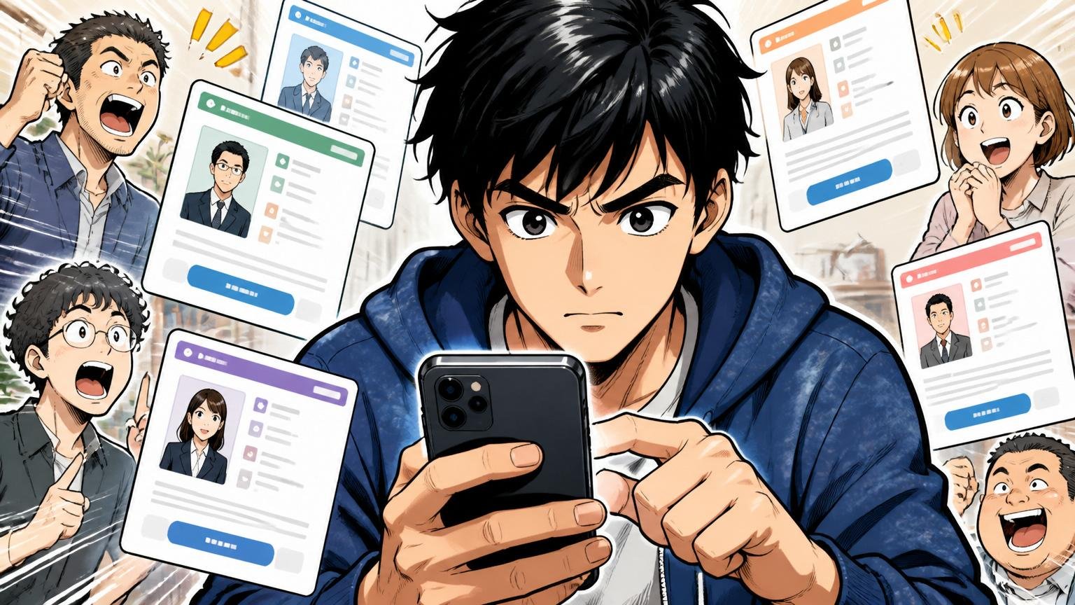まずは市場価値だけでも知っておこう スマホで複数のIT特化エージェントに無料登録するエンジニア1人、決意の表情