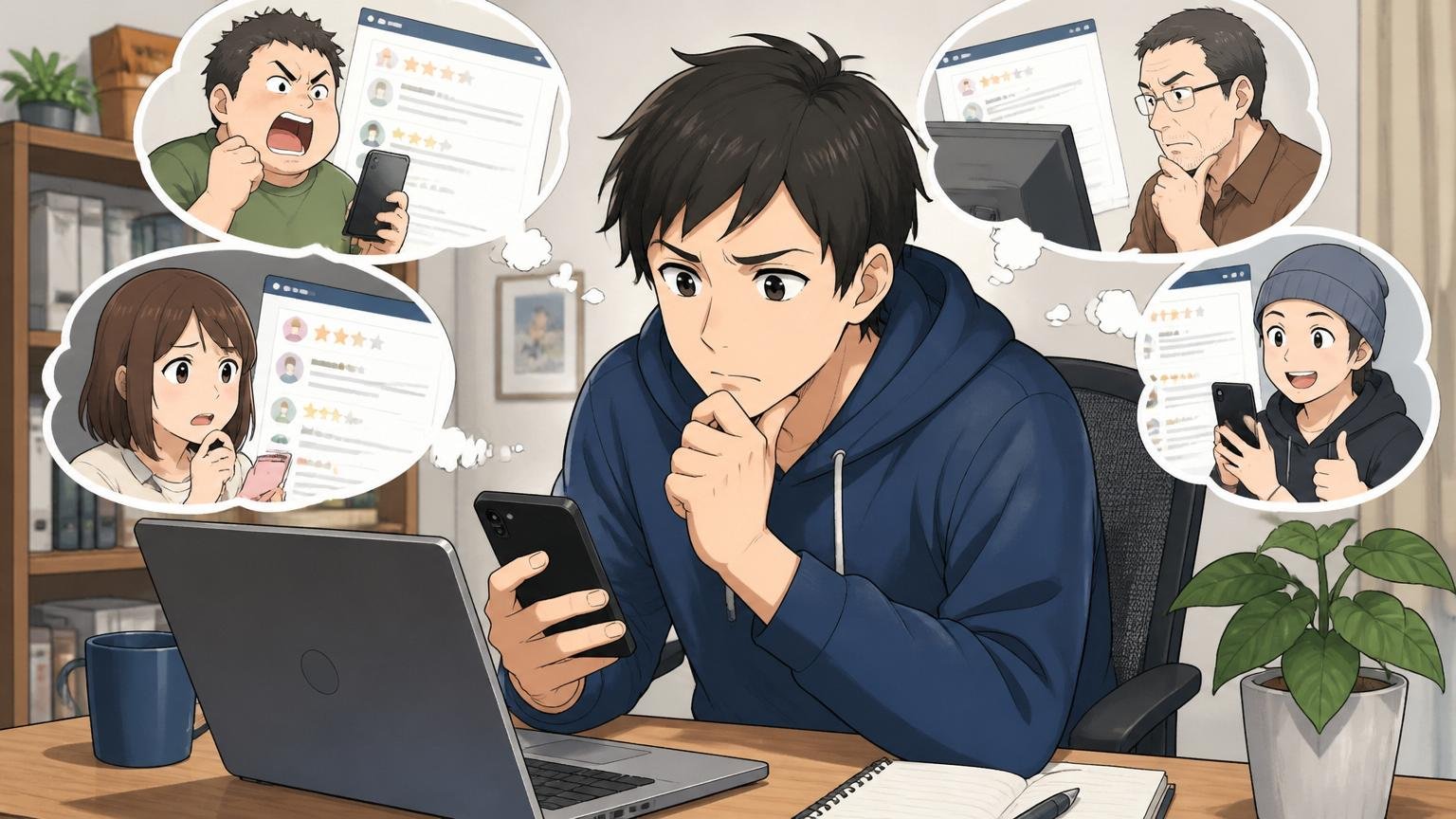 自宅のデスクでスマホとパソコンで複数の口コミサイトを眺めて投稿者の立場を考える20代後半のエンジニア1人
