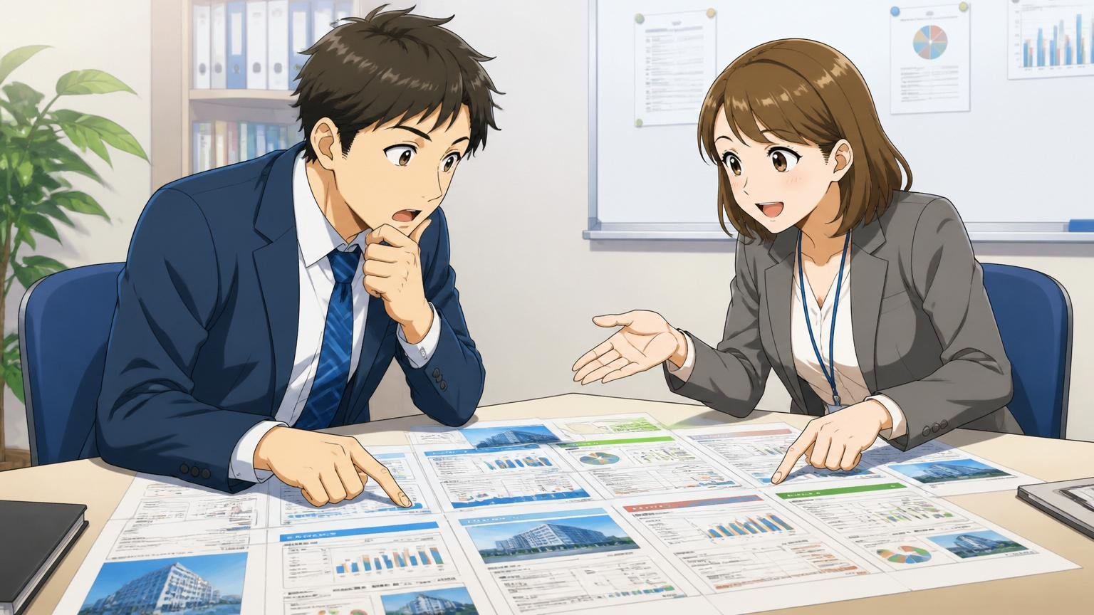 1社だけで決めずに必ず複数社を比較するシーンで、企業の会議室で30代男性が複数の企業情報を机に広げて、30代女性キャリアアドバイザーと比較検討している