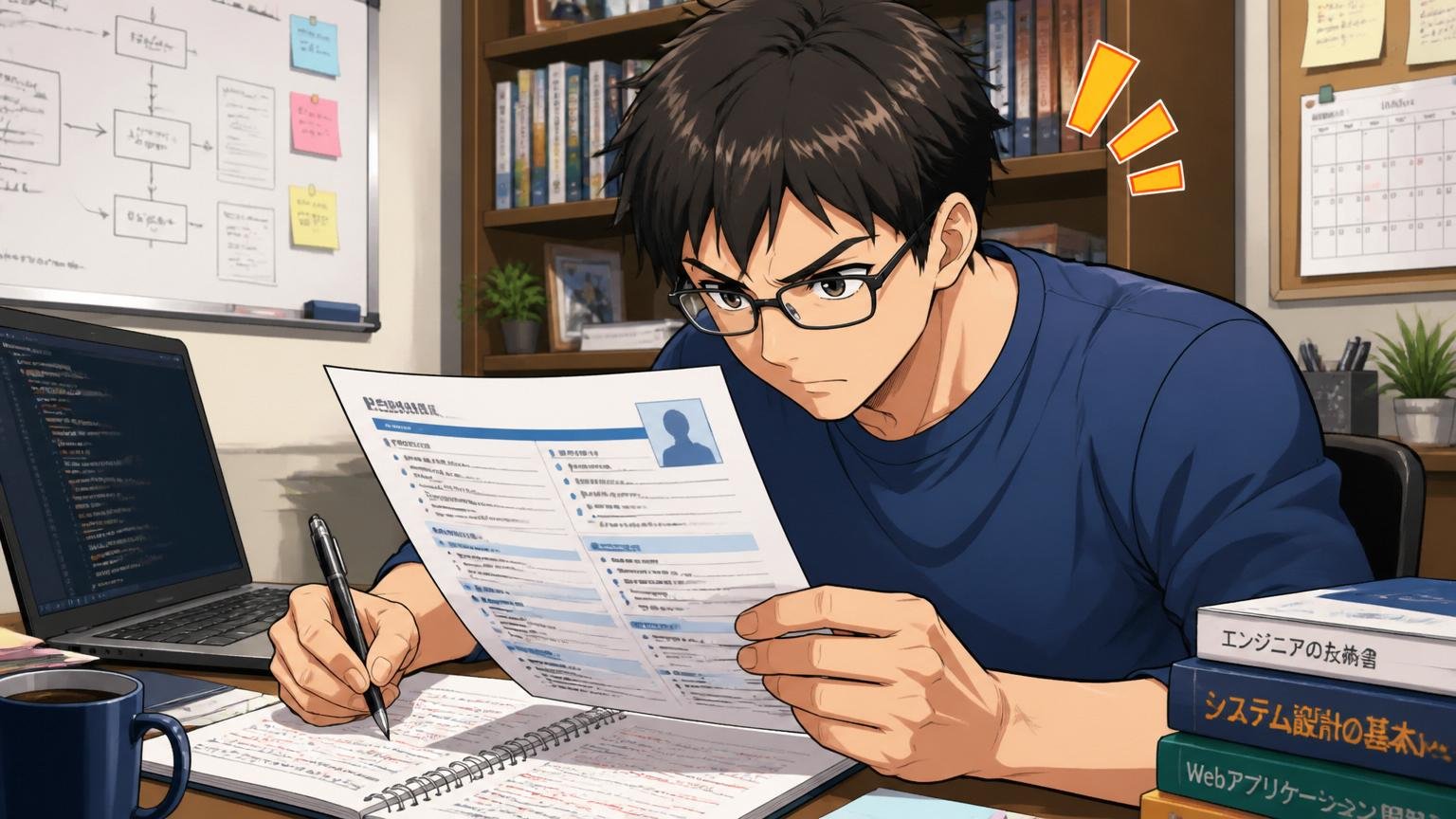 自宅のデスクで職務経歴書をブラッシュアップしながら準備に取り組む20代後半男性エンジニア