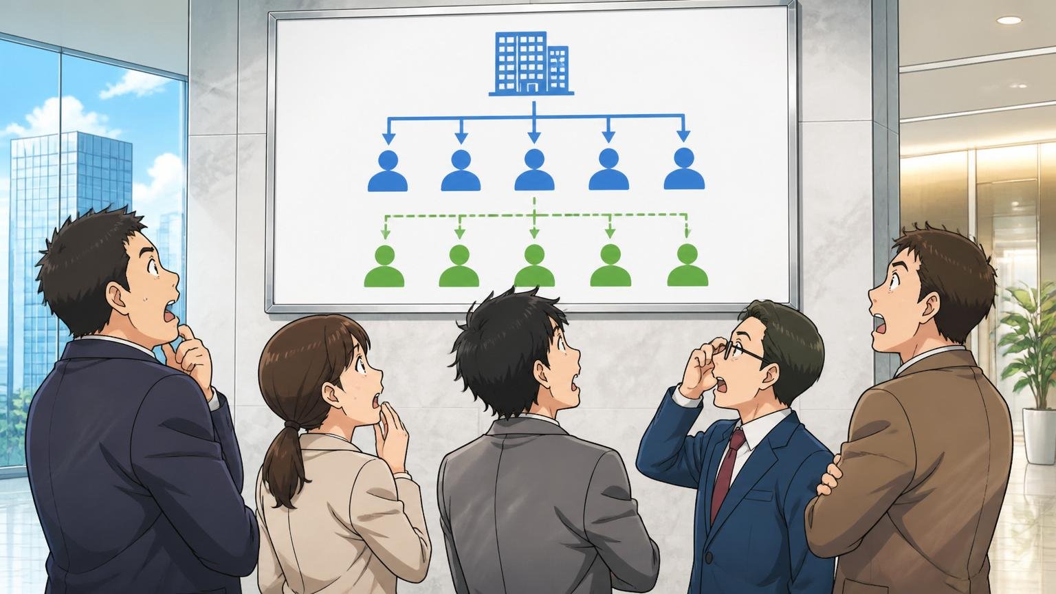 企業の本社ビルで親会社と一体化する組織体制変更の説明を受ける複数の社員5人が掲示板を見上げる