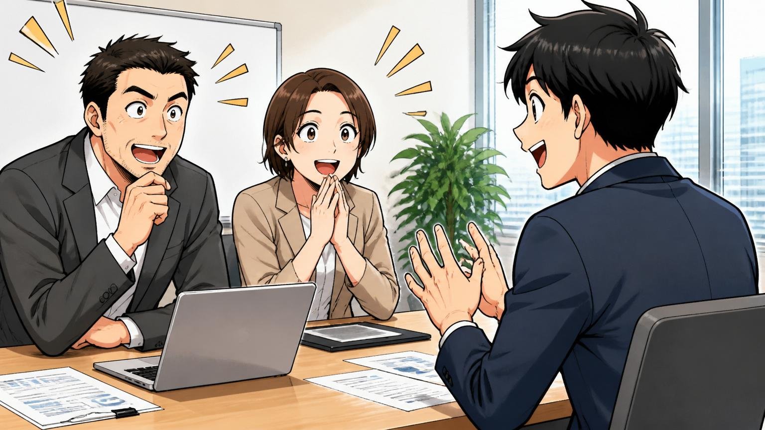 ITエンジニアでも応募できますかの解説、BtoB SaaS企業の面接で30代男性エンジニアが採用担当2人と面談する場面
