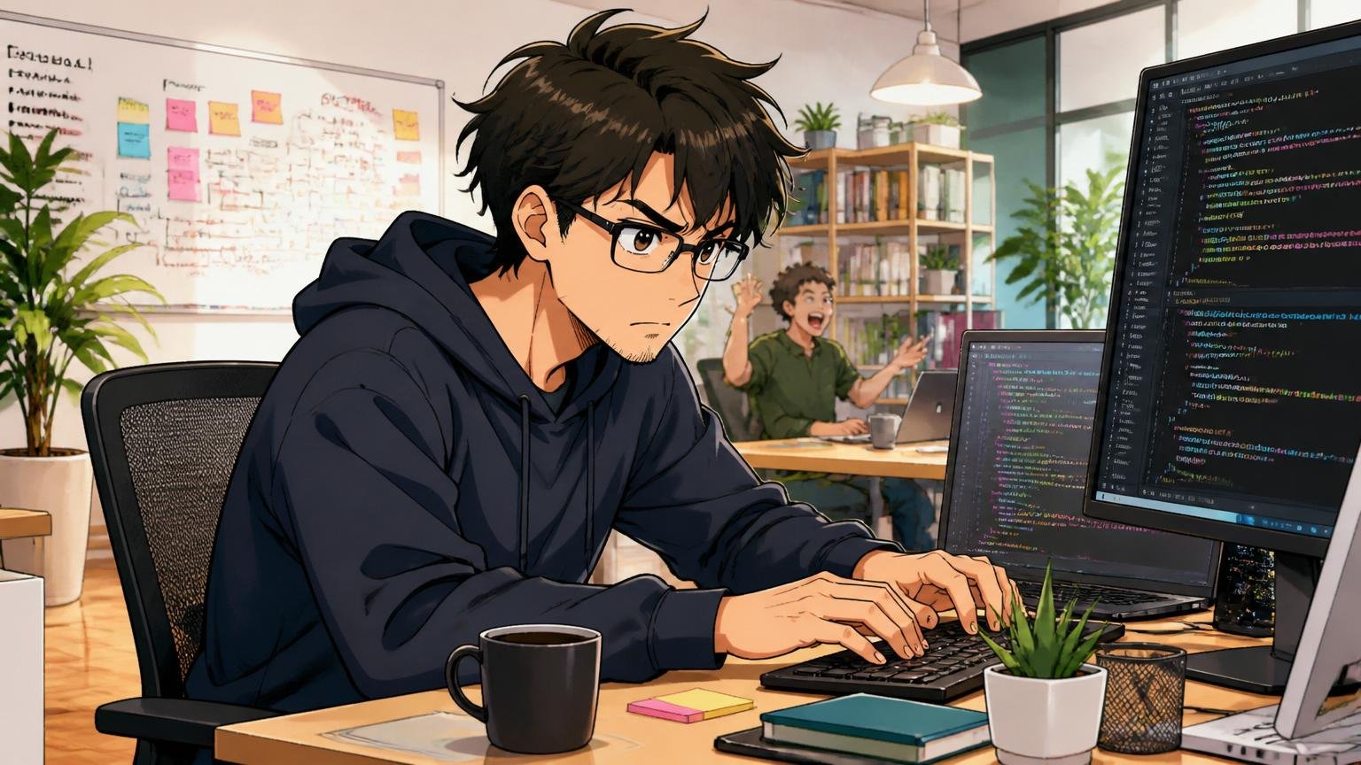 転職先として人気の業種 Web系スタートアップのオフィスで30代エンジニアが自社プロダクトの開発に集中する場面