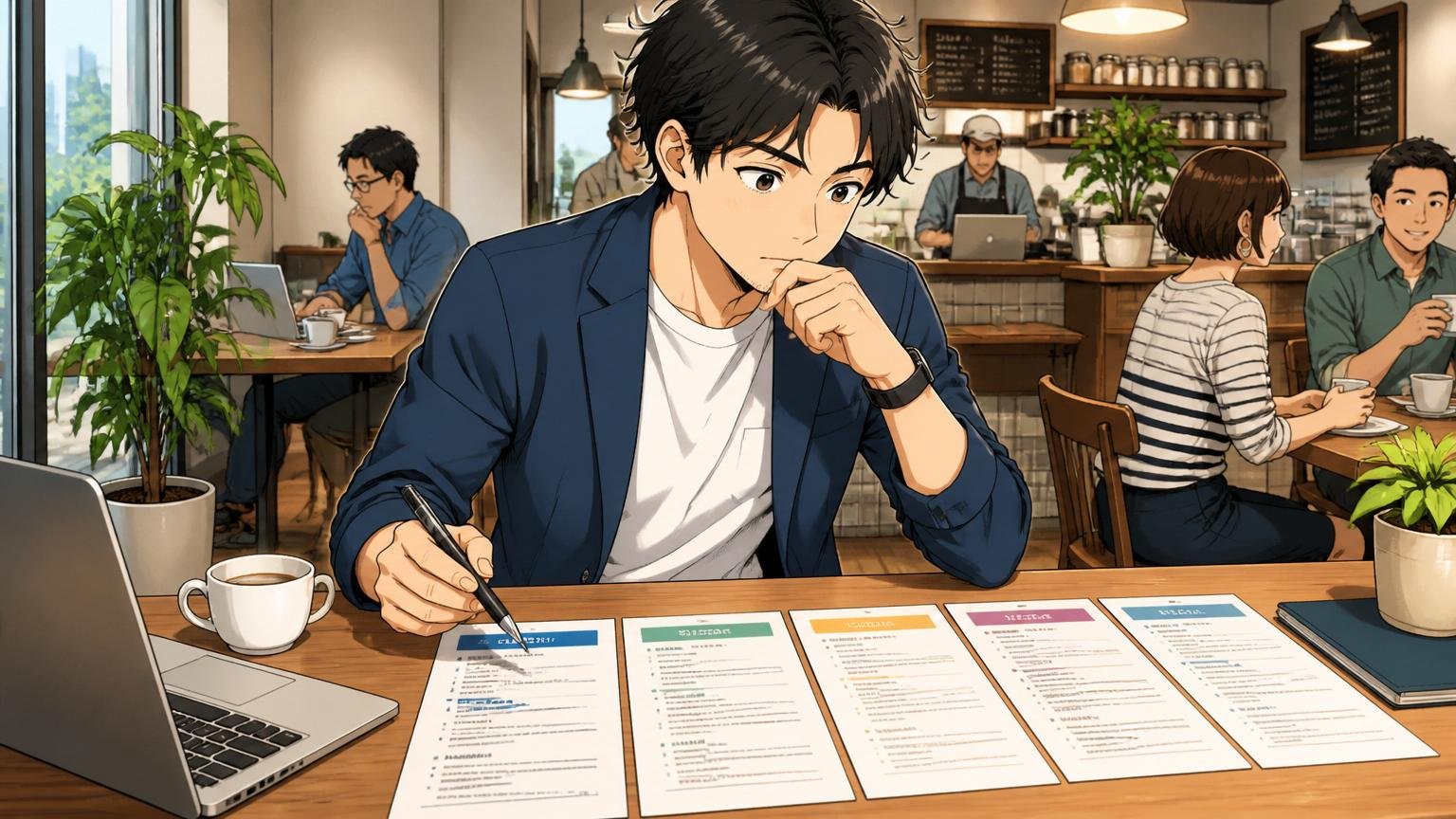 複数社を比較して決断、カフェで複数の求人を並べ落ち着いて自分のタイミングを考える30代エンジニア