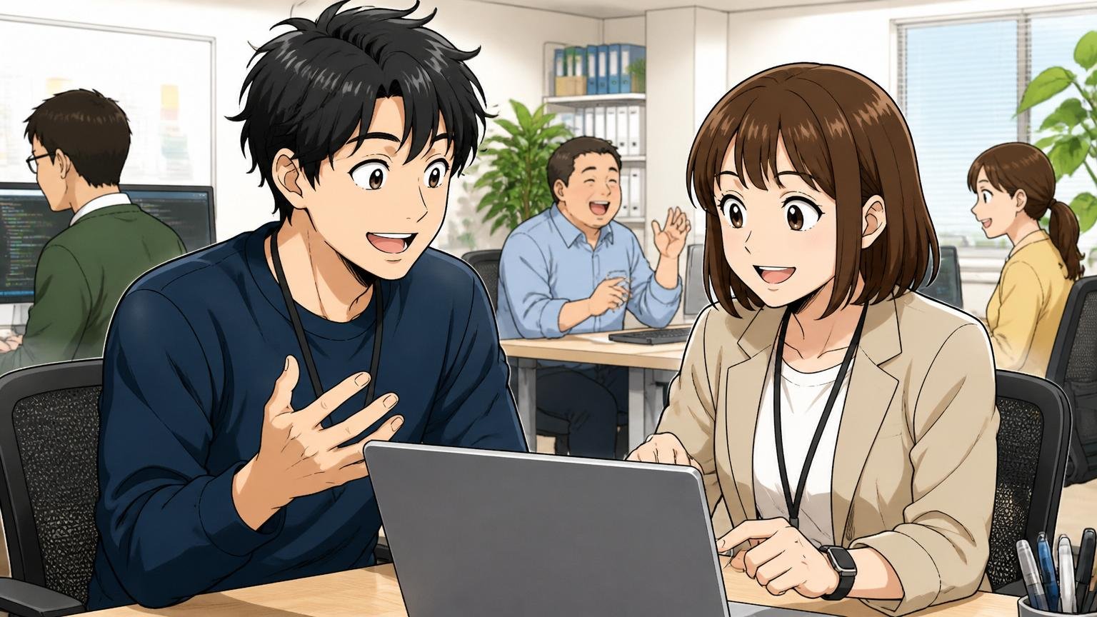 自分の市場価値が分かるIT経験者向け転職エージェント|オフィスでPCを見ながら笑顔で面談する男女のエンジニア