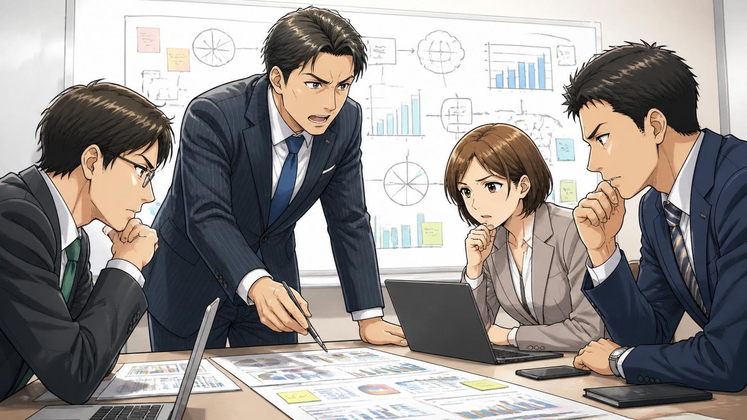 上場廃止後のSCSKはどう変わる？。企業の会議室で経営戦略ボードを前に話し合う住友商事系の30〜40代経営層と社員4名の真剣な議論の表情
