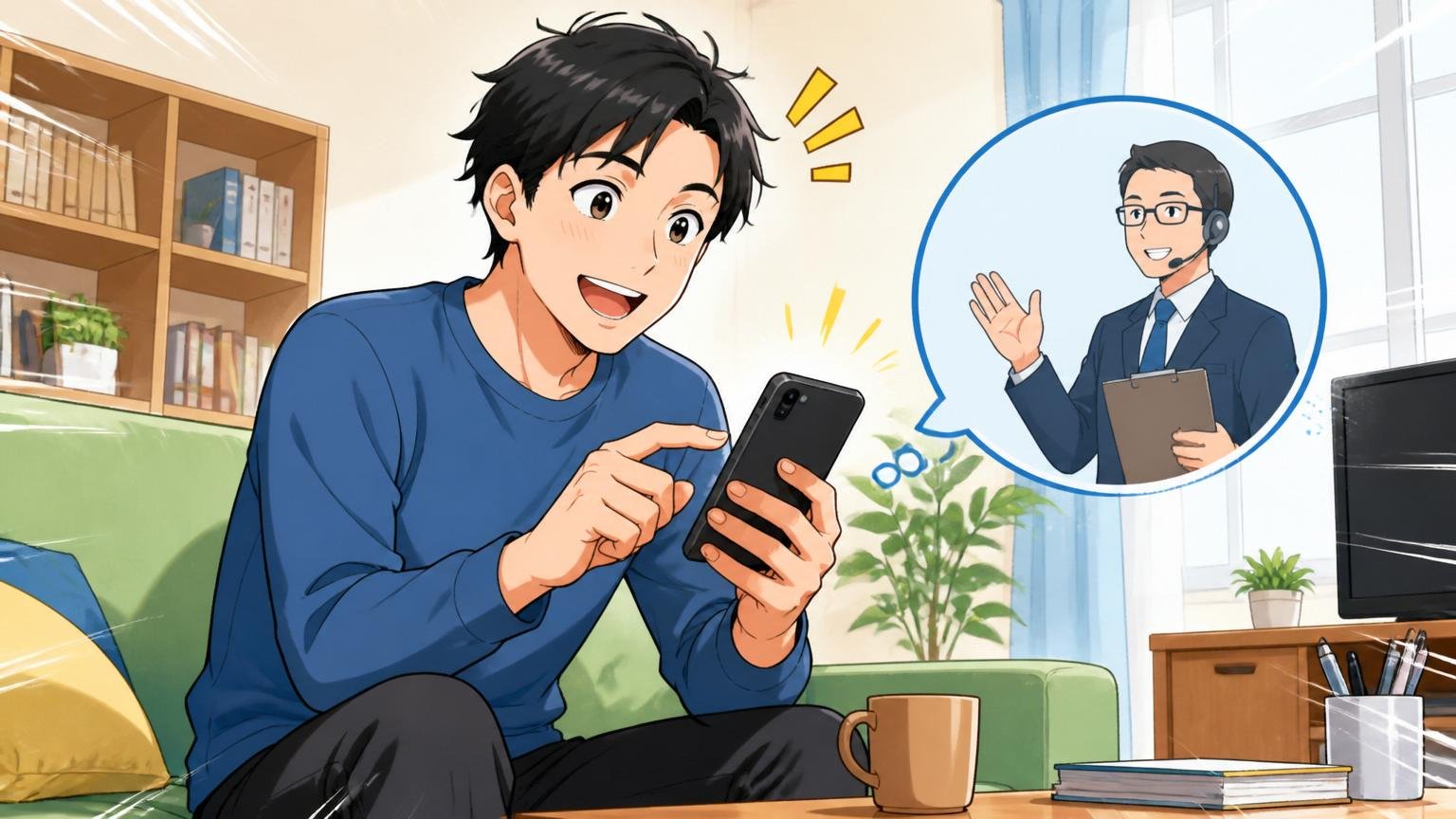 自宅のリビングでスマホからエージェント無料相談を申し込む30代エンジニアが落ち着いて一歩を踏み出す瞬間