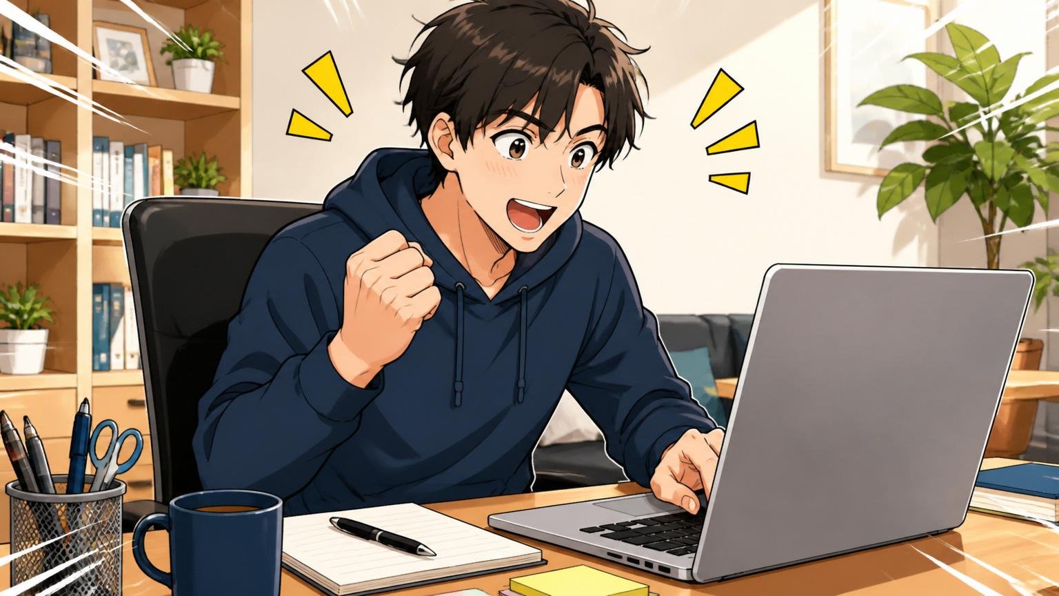 自宅のデスクで30代エンジニアがノートPCで転職エージェントに無料相談を申し込む前向きなシーン