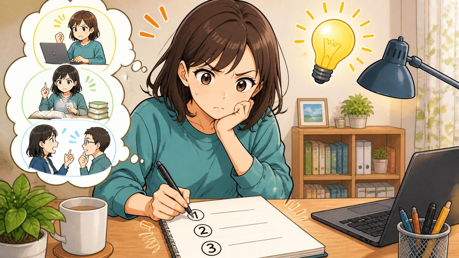 迷っているエンジニアが最初にすべき3ステップ、自宅のデスクでステップを書き出す30代女性エンジニア1人