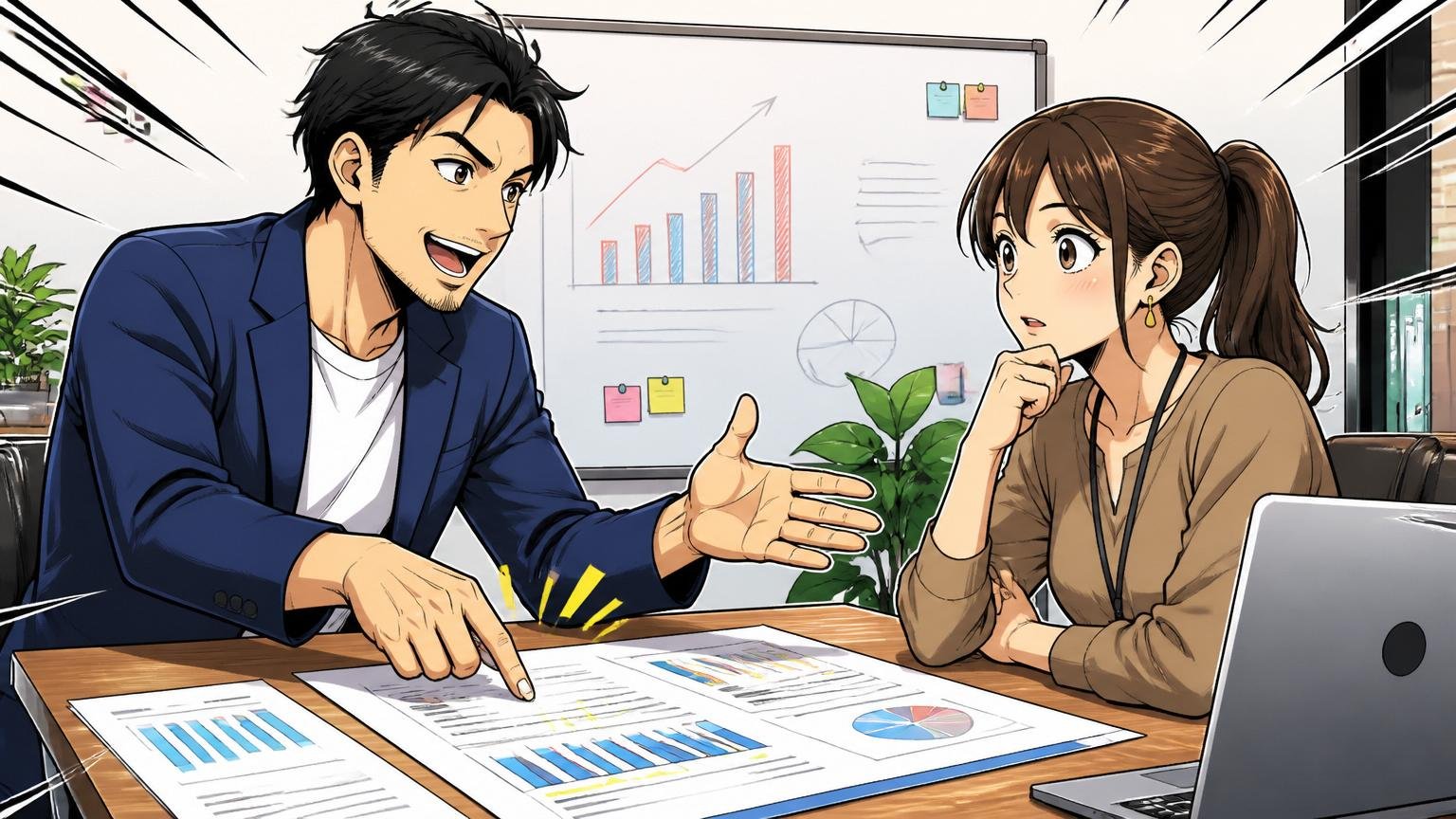 年収交渉の場面で資料を広げるエージェントとエンジニア。Web系スタートアップの会議室、30代男性アドバイザーと30代女性が金額交渉を相談