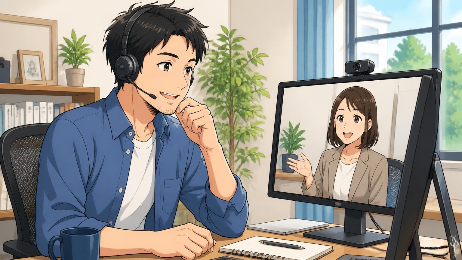 オンライン面談用のヘッドセットをつけた30代男性エンジニアが自宅のデスクでキャリアアドバイザーの画面に向かい安心した表情