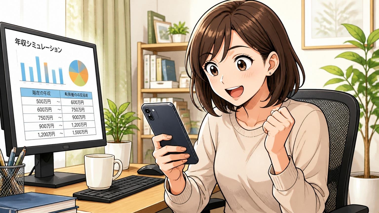 転職した場合の年収相場を把握しているか｜自宅のデスクで給与シミュレーションをスマホで確認する30代女性エンジニア1人
