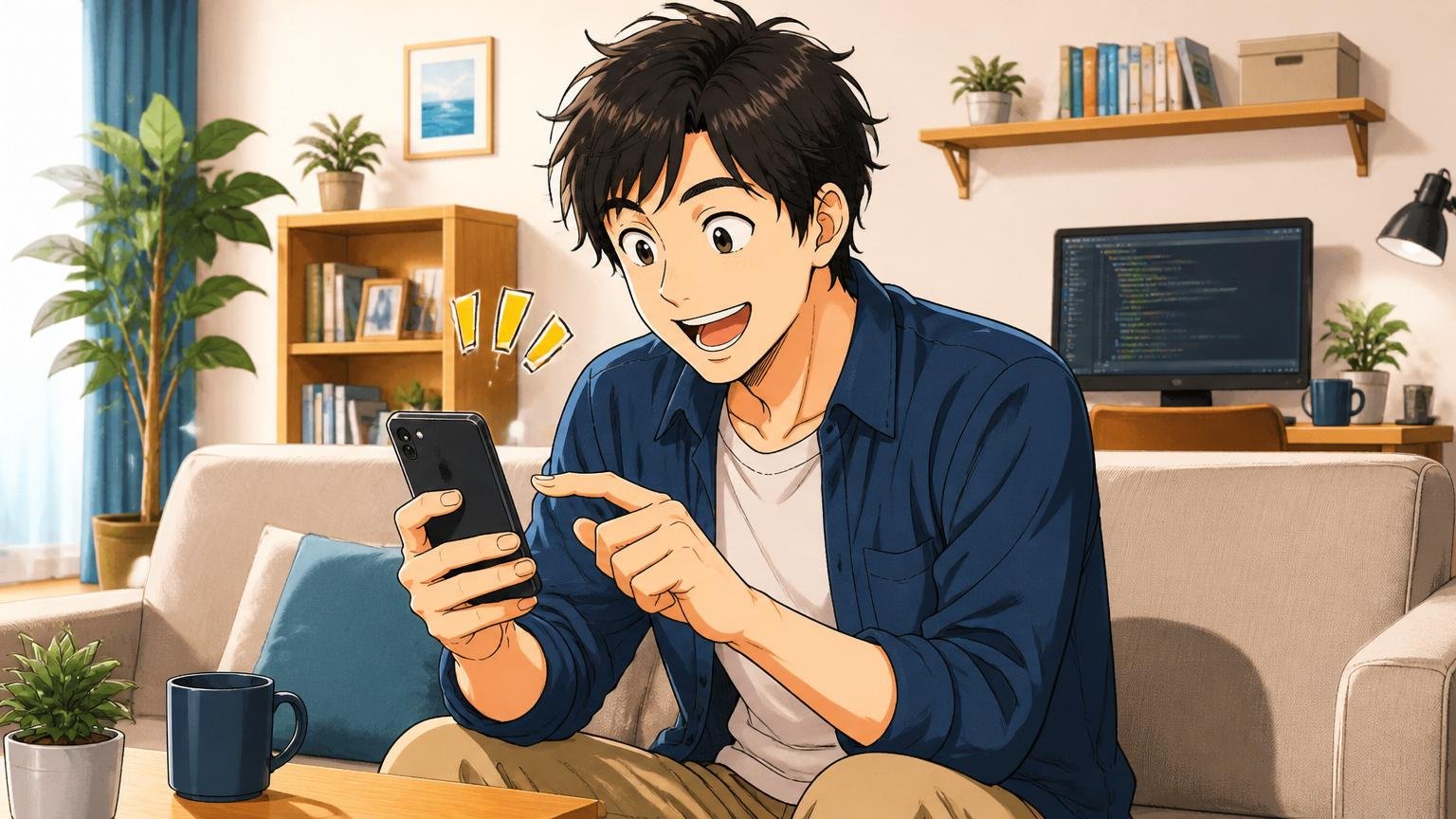 スマホでエージェントに無料相談を始めるエンジニア/自宅のリビング/30代男性1人/笑顔でスマホを操作する