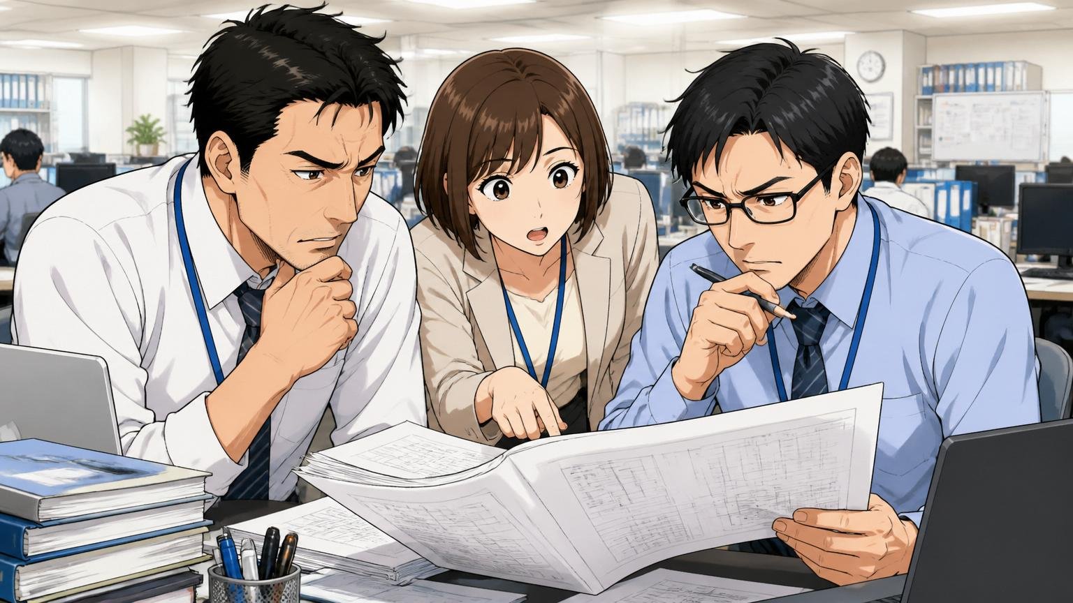 業務ソフトの設計書を読み込むエンジニアの業務系老舗ソフトベンダーの執務フロア、30-40代男女3人、落ち着いた雰囲気で打ち合わせ