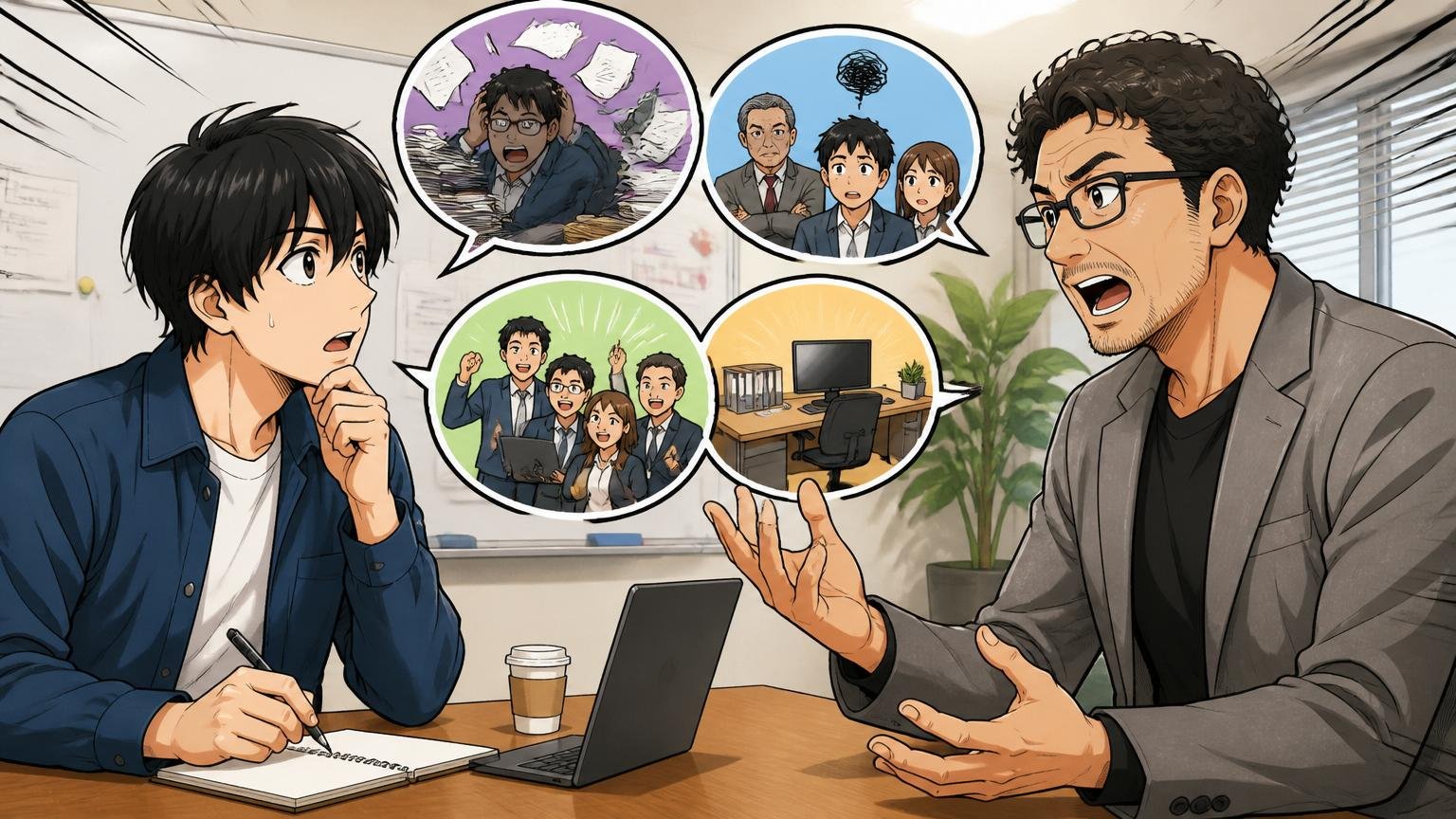 エージェント経由で中の人視点の情報を得るシーン。企業の会議室で30代エンジニアがアドバイザーから企業の内情を聞き取る