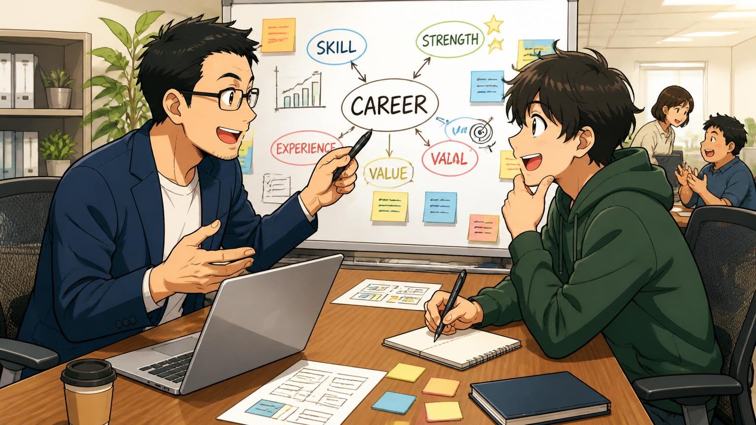Web系企業のオフィスでアドバイザーとエンジニアがキャリア戦略を整理する2人の面談シーン