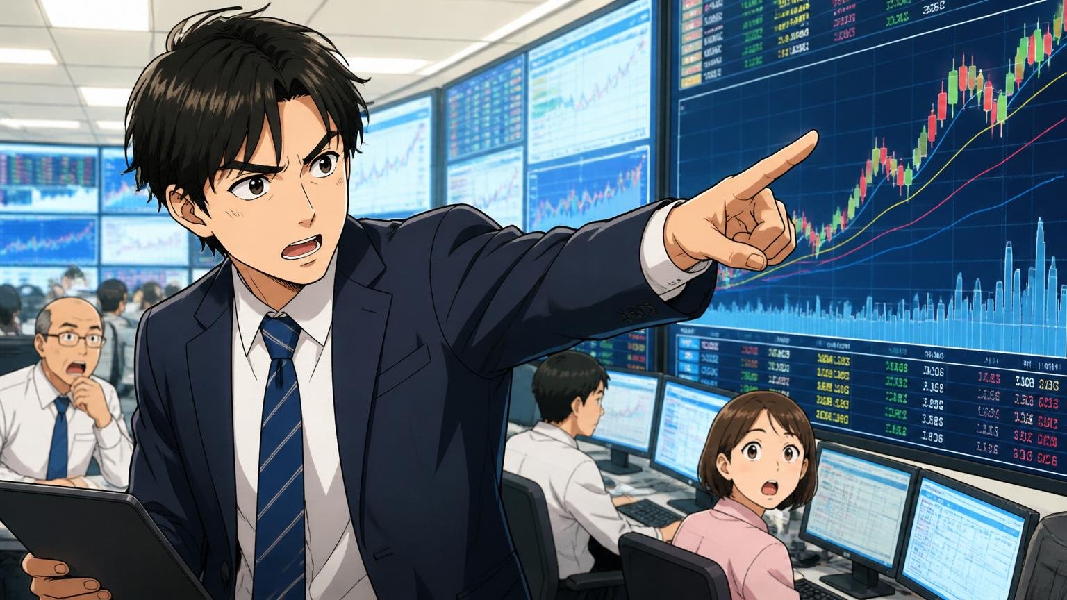 Q：株価・カカクコム関連の動きで会社の本業に影響はありますか？。投資銀行のフロアで男性アナリスト1名がチャートを指差す真剣な表情