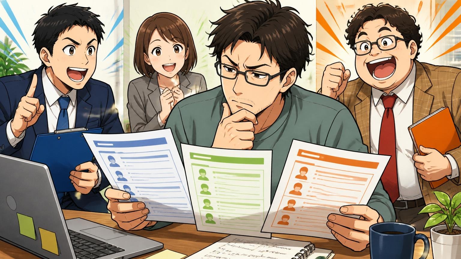 Web系スタートアップ向けのおすすめIT特化型転職エージェント3社の前で資料を比較する30代後半男性エンジニア