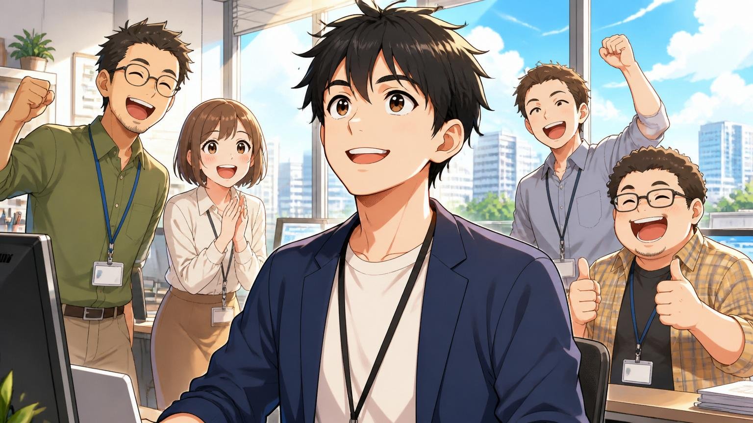 朝日が差し込むオフィスの窓辺で晴れやかな表情で前を向くエンジニアと新しいスタートを応援する同僚たちの温かいシーン