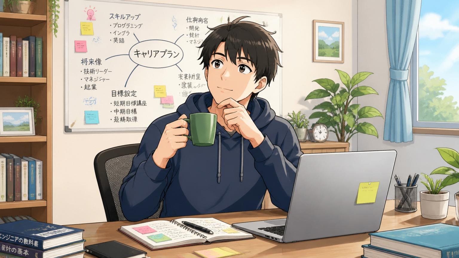自宅のデスクでお茶を飲みながらゆっくりキャリア計画を考える落ち着いた表情のエンジニア