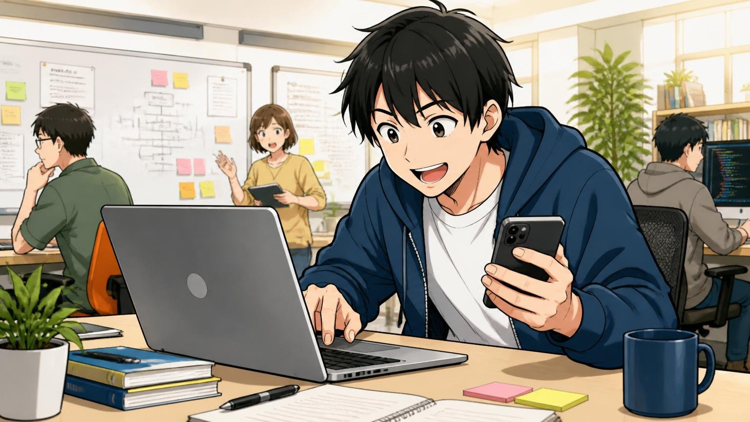 自分でも求人をリサーチする。Web系スタートアップのオフィスでスマホとノートPCを駆使して情報収集するエンジニアの場面