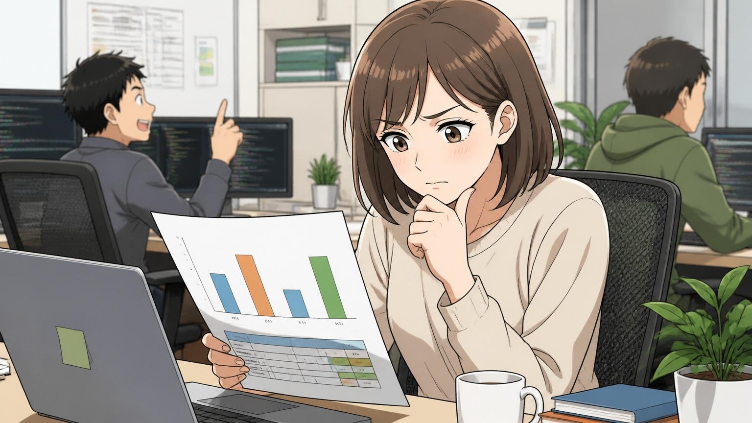 ジーニーの平均年収はエンジニアでも同じ？Web系企業のオフィスで30代女性エンジニア1人が年収比較表を見て考え込む表情