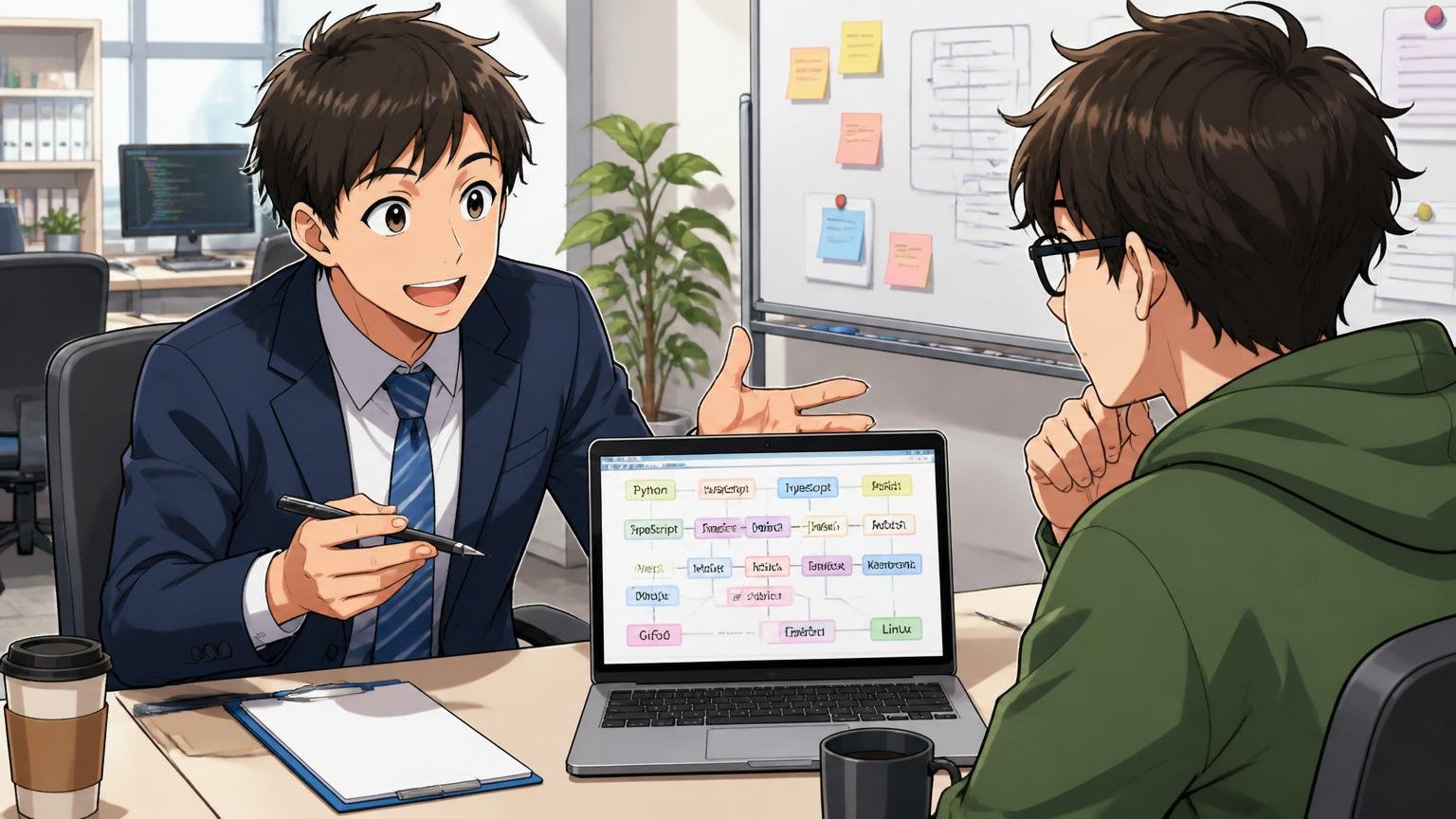 企業のオフィスでIT特化型エージェントの担当者がエンジニアの技術スタックを丁寧にヒアリングする