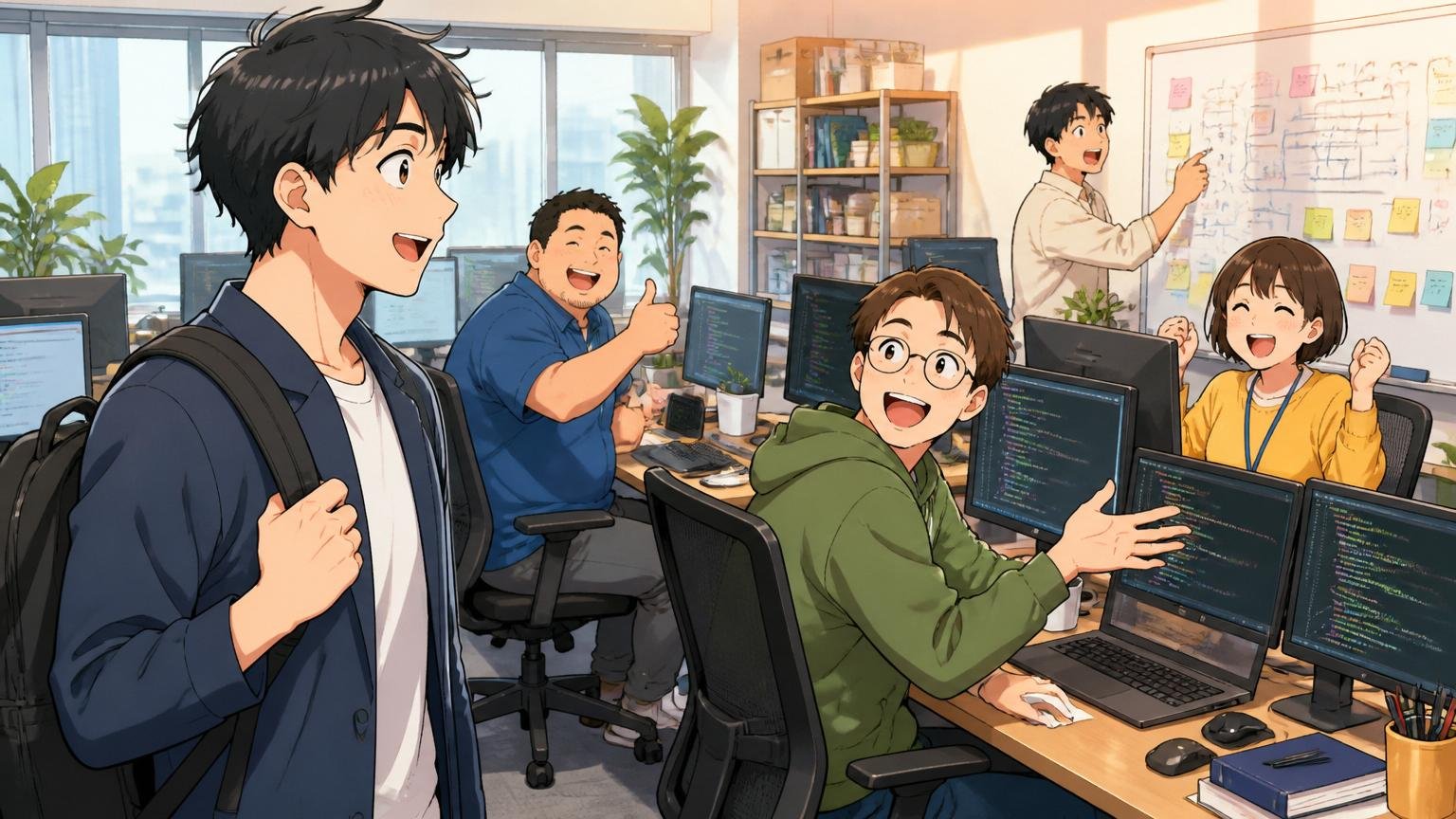 Web系スタートアップのオフィスで30代男性エンジニアが自社開発の現場を見学
